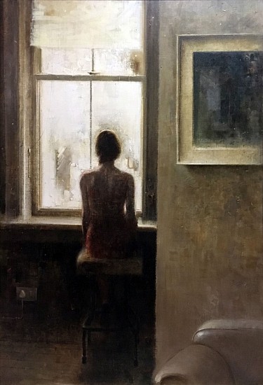 HAROLD VOIGT, WOMAN AT WINDOW, THE RED DRESS
Oil on Canvas