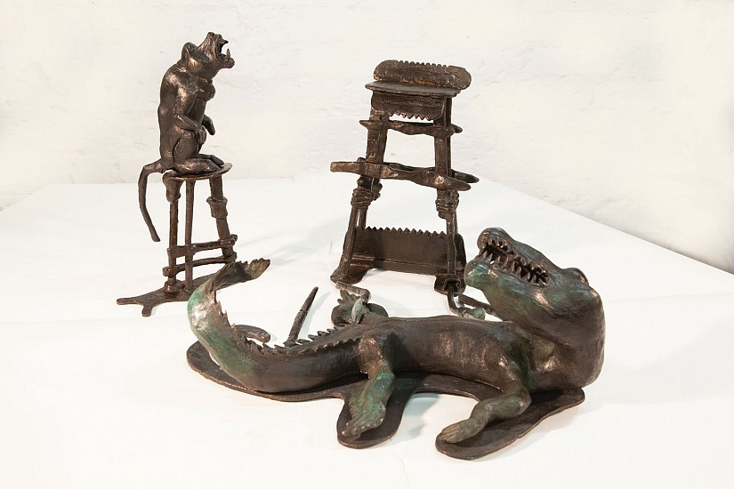 DAVID J. BROWN, SHAFTED, WITH CROCODILE & CHACMA BABOON
BRONZE ON STAINLESS STEEL BASE
