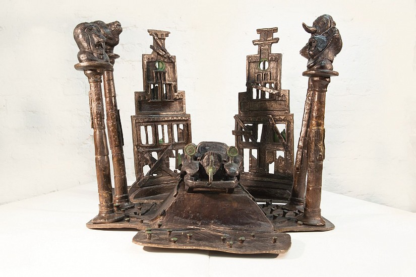 DAVID J. BROWN, WIND-UP CAR WITH MONKEYS, BEAR & PLAGUE MASK STYLITES
BRONZE ON STAINLESS STEEL BASE