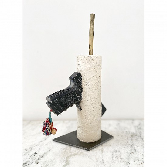 MACGARRY MICHAEL, UNTITLED (GLOCK)
2020, FOUND OBJECT, LASER CUT STEEL, DYED COTTON, BRASS, WHITE CONCRETE, CLEAR-COAT