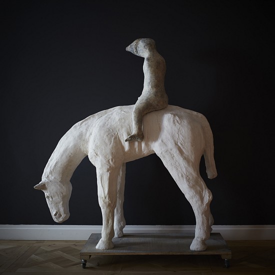 WILMA CRUISE, THE WHOLE AIM OF NEWSPEAK IS TO NARROW THE RANGE OF THOUGHT?
2020, BRONZE FIGURE ON RESIN AND MARBLE DUST HORSE ON WOODEN TROLLEY