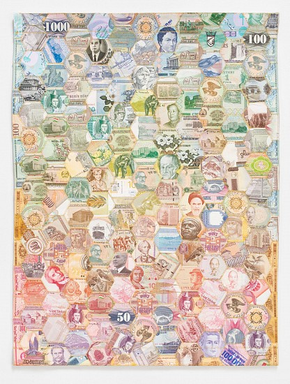 FAITH XLVII, DECONSTRUCTION OF VALUE VIII
2020, DECONSTRUCTED BANK NOTES AND SEWN TAPESTRY ON LINEN