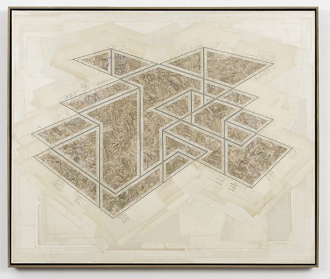 GERHARD MARX, THE SAME PLACE EXCAVATED THREE TIMES (A CARTOGRAPHY OF CAVITIES)
2020, RECONFIGURED MAP FRAGMENTS ON CANVAS