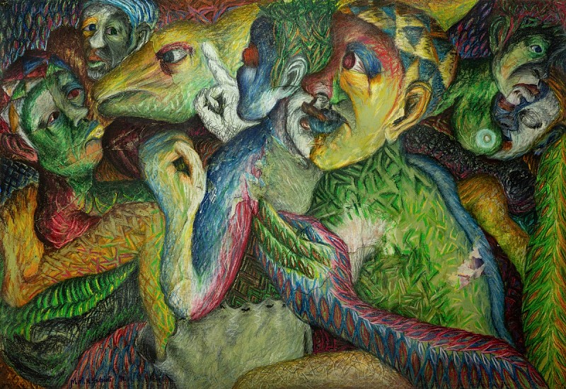 MMAKGABO HELEN SEBIDI, KAMOGELO YA MOYA (CONVERSING WITH THE SPIRITS)
1991, PASTEL ON PAPER COLLAGE