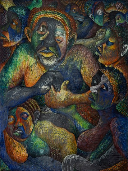 MMAKGABO HELEN SEBIDI, MAFATSI A TLHAHANA (THE MEATING OF DIFFERENT REALMS)
1991, PASTEL ON PAPER COLLAGE