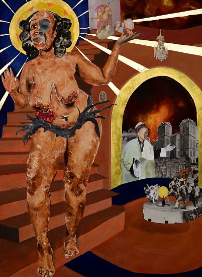 KEABETSWE SEEMA, I'D RATHER CRUCIFY MY FLESH THAN EAT YOUR BREAD
2024, OIL-BASED MONOPRINT, GOLD LEAF, ACRYLIC AND COLLAGE ON FABRIANO