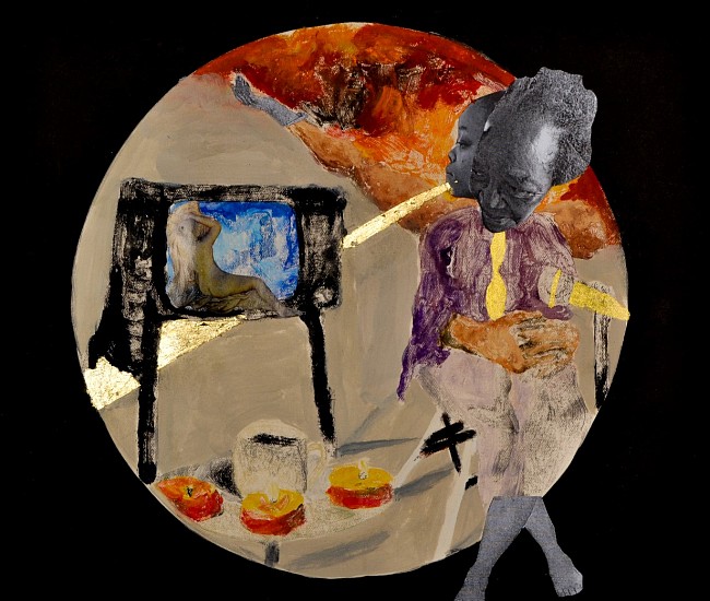 KEABETSWE SEEMA, A GOGO'S DEN
2024, OIL-BASED MONOPRINT, GOLD LEAF AND COLLAGE ON FABRIANO