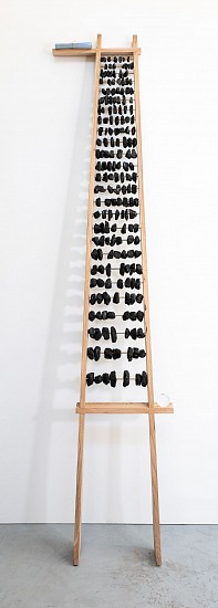 DIANA VIVES, ON CONSERVATION OF MATTER
2023, PIN OAK LADDER/ABACUS, WITH RUNGS OF ANTHRACITE ON BRASS RODS, GLASS, WATER, PAPER AND STRING