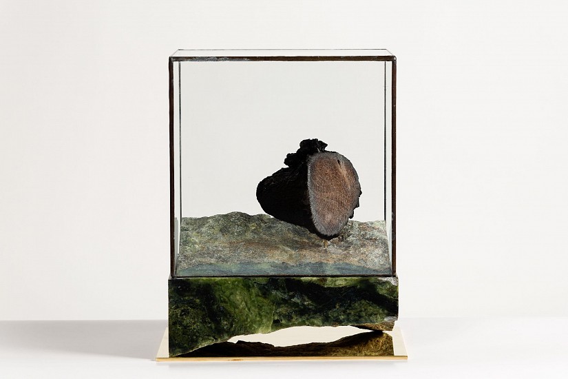 DIANA VIVES, WORLD WITHIN WORLDS
2023, ARCHAEAN AFRICAN GREENSTONE, ROOT FRAGMENT, LEAD-SOLDERED GLASS AND BRASS PLATE