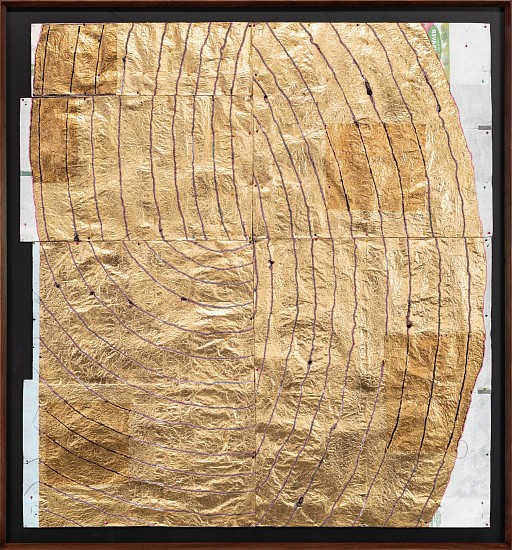 MARK RAUTENBACH, DISTRIBUTING LEDGERS 4444 (WORLDING SERIES)
2024, TISSUE PAPER, GOLD LEAF, PINS, ACRYLIC PAINT AND THREAD