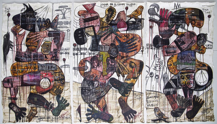 BLESSING NGOBENI, XI TSATSA (TICK) (I, II & III) #DEAR MR NGOBENI SERIES (TRIPTYCH)
2024, MIXED MEDIA AND COLLAGE ON CANVAS