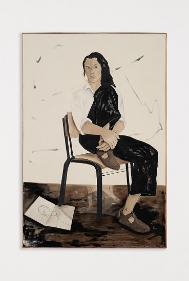 BRETT CHARLES SEILER, PORTRAIT OF MISH IN STUDIO WITH DOUBLE CHAIR
BITUMEN, ROOF PAINT ON CANVAS