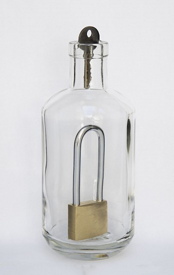 WARREN MAROON, NEAR MISS
2025, GLASS BOTTLE, LOCK AND KEY
