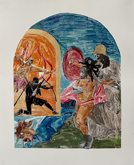 KEABETSWE SEEMA, BLIND ARROWS
2025, OIL-BASED MONOPRINT AND COLLAGE ON FABRIANO