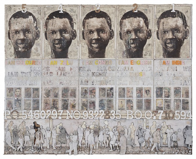 THONTON KABEYA, WHERE ARE YOU A LOCAL
2025, WALNUT POWDER, CHALK PAINT, ACRYLIC AND NEWSPAPER INK ON CANVAS