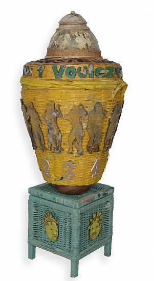 THONTON KABEYA, HOME BASKET
2025, WALNUT POWDER, CHALK PAINT, ACRYLIC, WOOD, ROPE, METALLIC WIRE, RAFIA FABRIC AND NEWSPAPER INK ON WOVEN BASKET