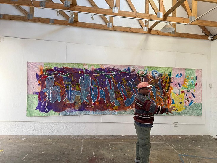 OUPA SIBEKO, STRAATMATE
2026, OIL PAINT, PASTELS, GLITTER GLUE, WHITE INVISIBLE PAINT, ARTIST PERMANENT MARK AND BALLPOINT