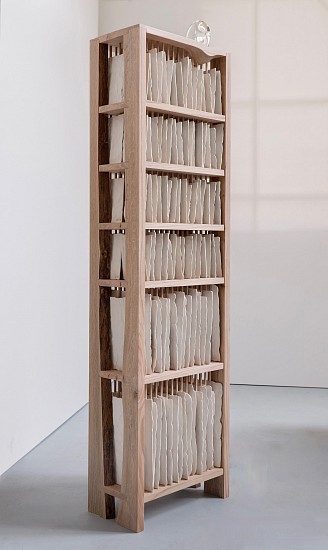 DIANA VIVES, THE DREAM OF MNEMOSYNE
2023, PINE OAK STRUCTURE, 250 PORCELAIN PANELS, GLASS VESSEL, SEAWATER AND INK