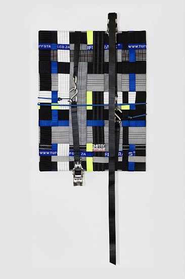 MATTHEW MICHAEL, STRAPPED AND JACKED
2026, WOOD, CANVAS, WEBBING, CAR EMBLEM, STAINLESS STEEL TIE-DOWN HOOKS AND RATCHET STRAPS