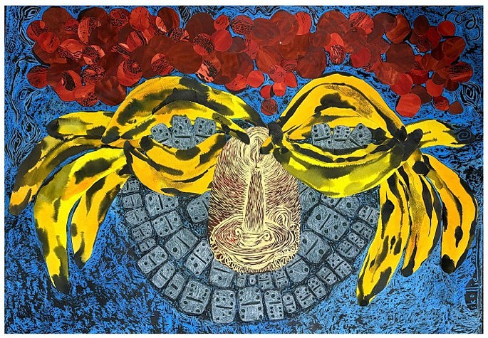 LADY SKOLLIE, A COLOURED FACE: JUST THINK ABOUT IT
2026, COLLAGE, CRAYON, INK AND LINOCUT ON FABRIANO
