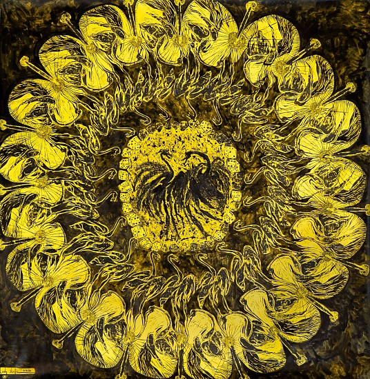 LADY SKOLLIE, OSTRICH MARRIAGE KALEIDOSCOPE
2025, LINOCUT, INK AND CRAYON ON FABRIANO