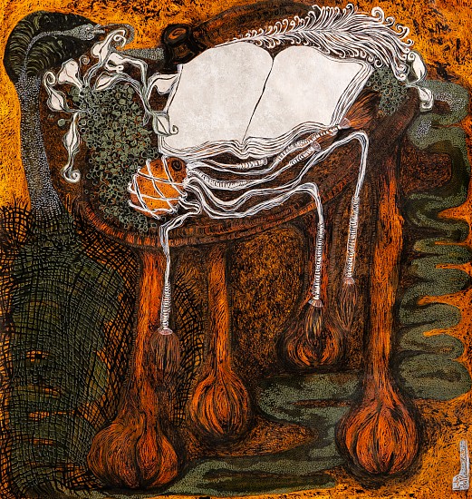 LADY SKOLLIE, TRYING TO LEARN ABOUT US BUT THE BOOK IS EMPTY AND THE QUILL HAS RUN DRY. THE SNAKE ESCAPED THE BAG THROUGH A HOLE AND THE BALL AND CLAW TABLE IS WONKY
2025, CRAYON, INK AND SILVER LEAF ON FABRIANO