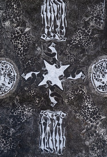 LADY SKOLLIE, SOUR GRAPES PLATTERS II
2026, LINOCUT, INK AND CRAYON ON FABRIANO
