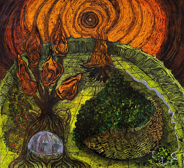 LADY SKOLLIE, THE VIEW: SUNSET FIRE WITH GRAPES, A SNAKE AND BUCHU IN A GLASS DOME
2025, CRAYON, INK AND SILVER LEAF ON FABRIANO